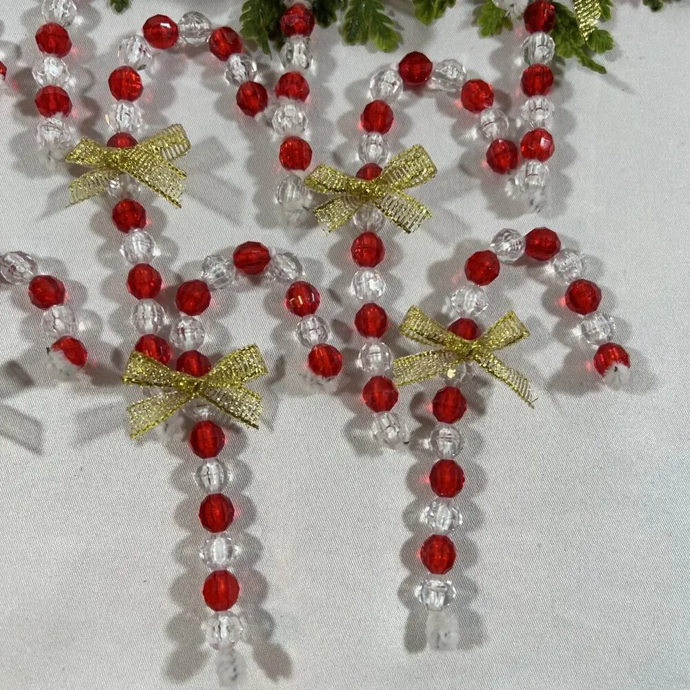 Vintage Beaded Candy Canes on Chenille Stems* Red w/ Modern Bows Set of 16